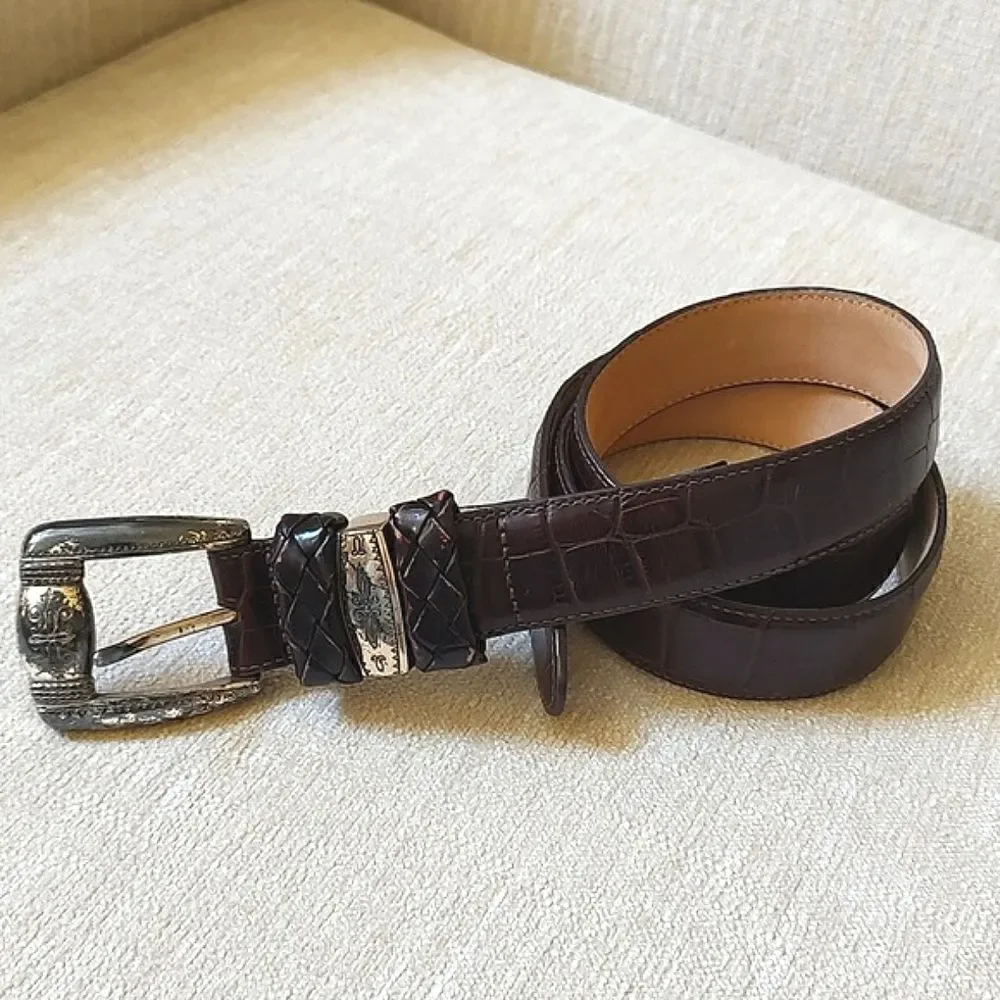 Brighton Croc Embossed Brown Leather Belt Silver Tone Buckle Size L